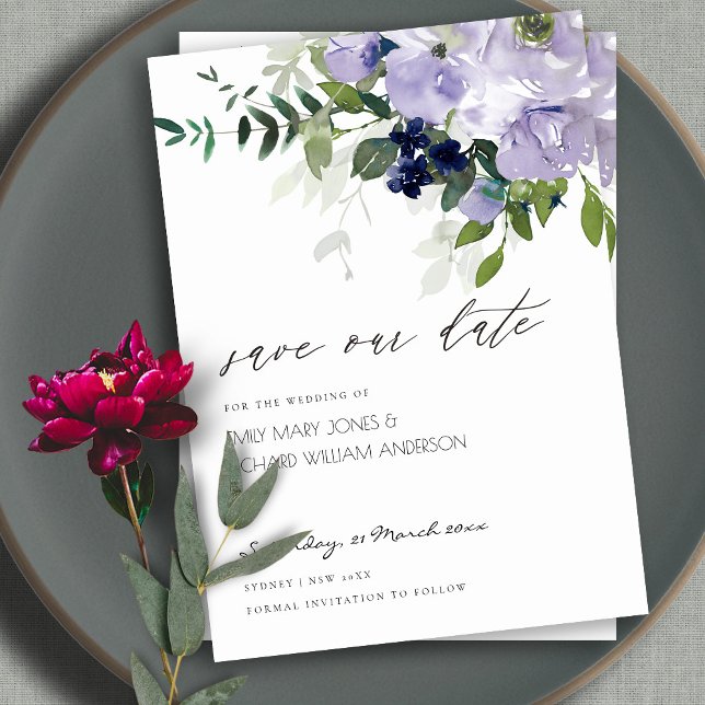 Violet Purple Floral Leafy Save the Date Invite (Creator Uploaded)