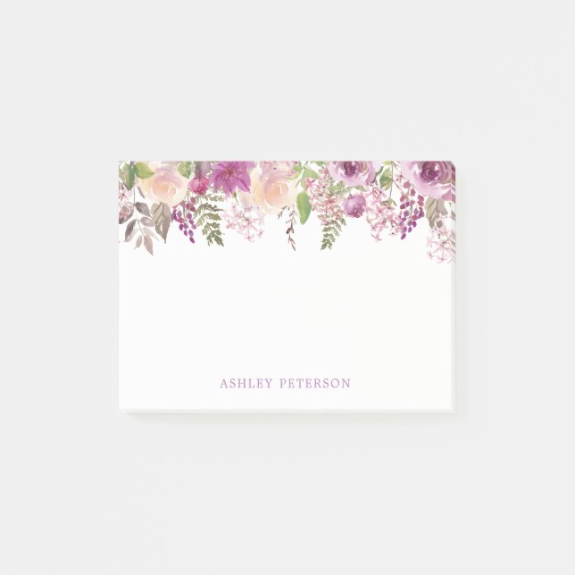 Violet Purple floral Personalised Post-it Notes (Front)