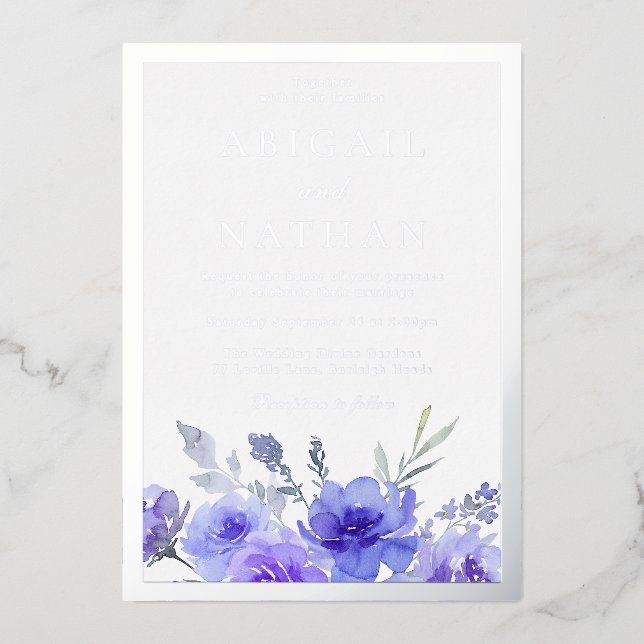 Violet Purple Floral Wedding Silver Foil Border (Front)