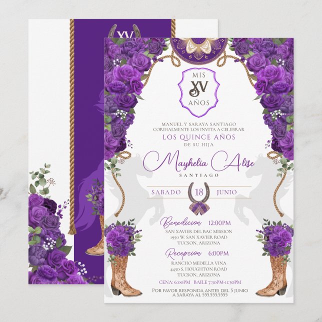Violet Purple Floral Western Charro Quinceañera  Invitation (Front/Back)