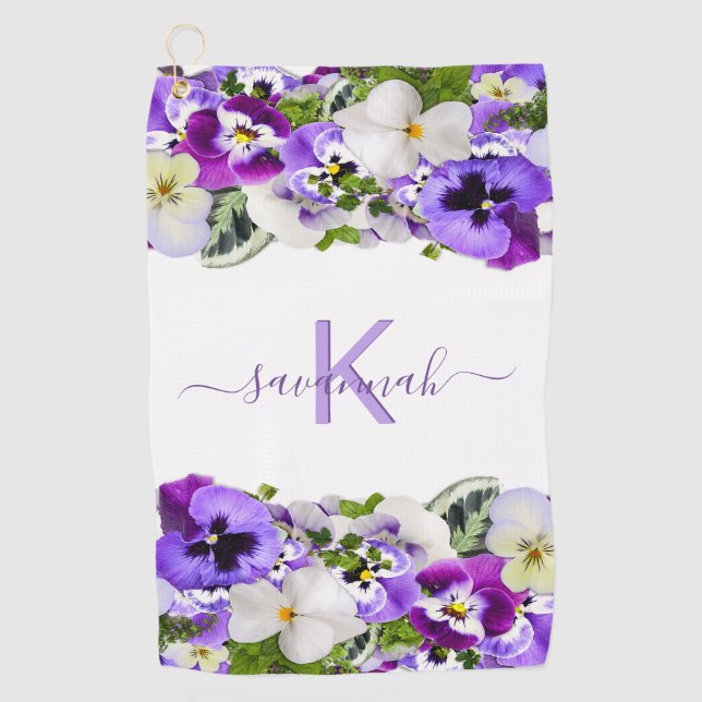 Violet purple florals white monogram name script golf towel (Front)