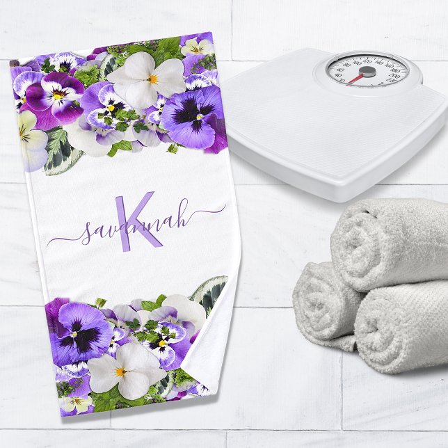 Violet purple florals white monogram name script hand towel (Creator Uploaded)