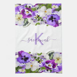 Violet purple florals white monogram name script tea towel