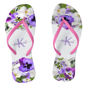 Violet purple florals white monogram name script thongs
