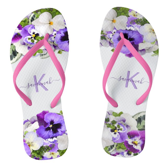 Violet purple florals white monogram name script thongs (Footbed)