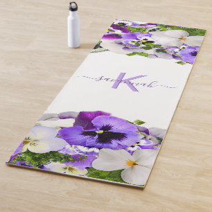 Violet purple florals white monogram name script yoga mat
