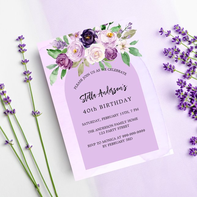 Violet purple flowers greenery arch birthday  invitation (Creator Uploaded)