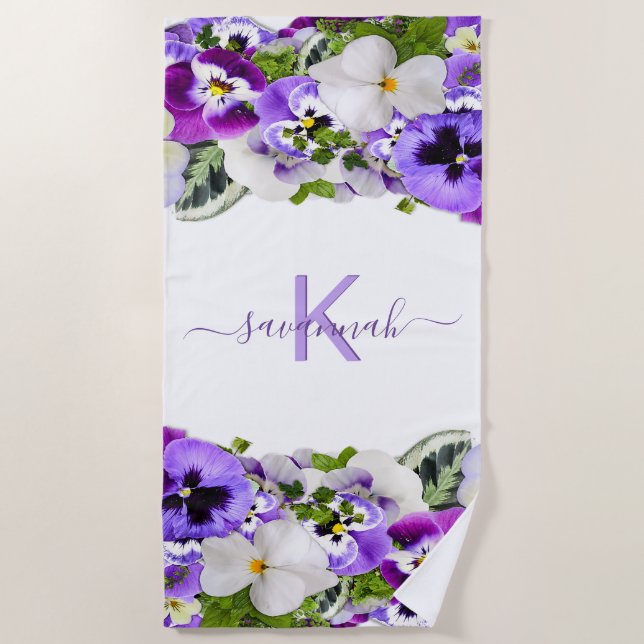 Violet purple flowers monogram name script beach towel (Front)