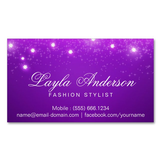Violet Purple Glam Starry Sparkles Magnetic Business Card (Front)