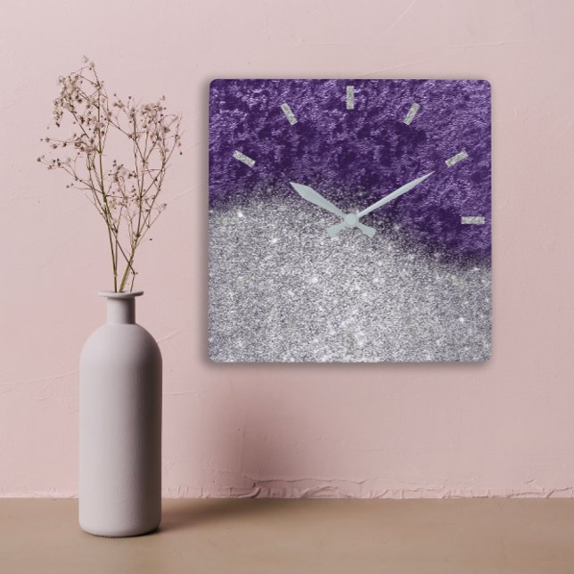 Violet Purple Glitter Silver Gray Velvet Eggplant Square Wall Clock (Violet Purple Glitter Silver Gray Velvet Eggplant Square Wall Clock )