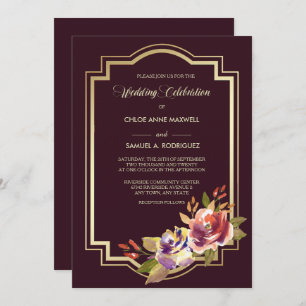 Violet Purple Gold Frame Floral Wedding Invitation