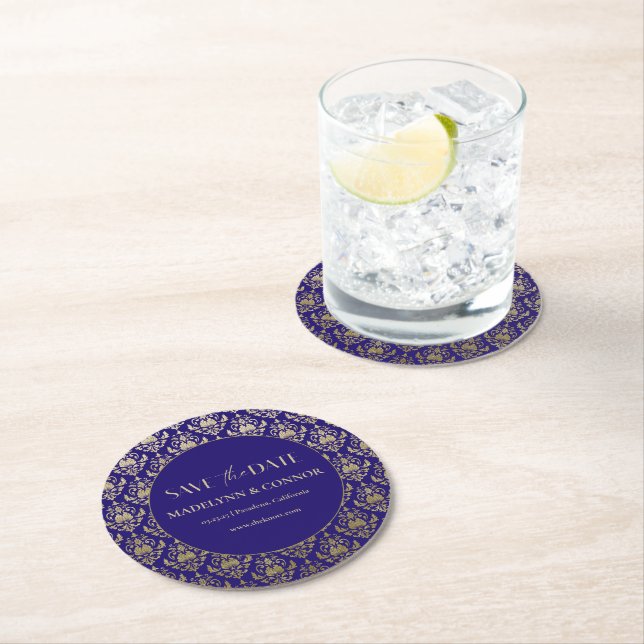 Violet Purple Gold Pattern Wedding Save the Date  Round Paper Coaster (Insitu)