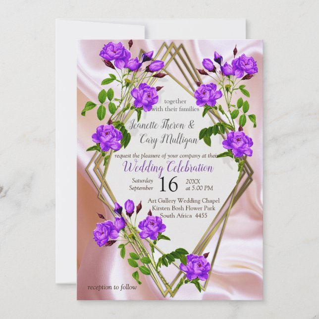 Violet-purple, gold & Rose, Pink, Magenta Silk Invitation (Front)