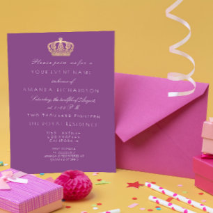 Violet Purple Golden Crown Royal Pastel White Invitation