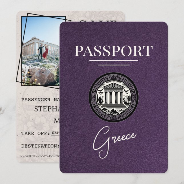 Violet Purple Greece Passport Save the Date Card (Front/Back)