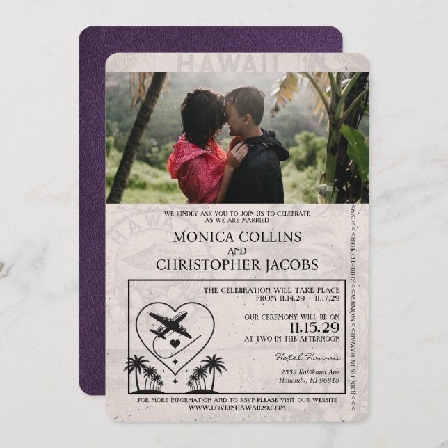 Violet Purple Hawaii Passport Wedding Invitation (Front/Back)