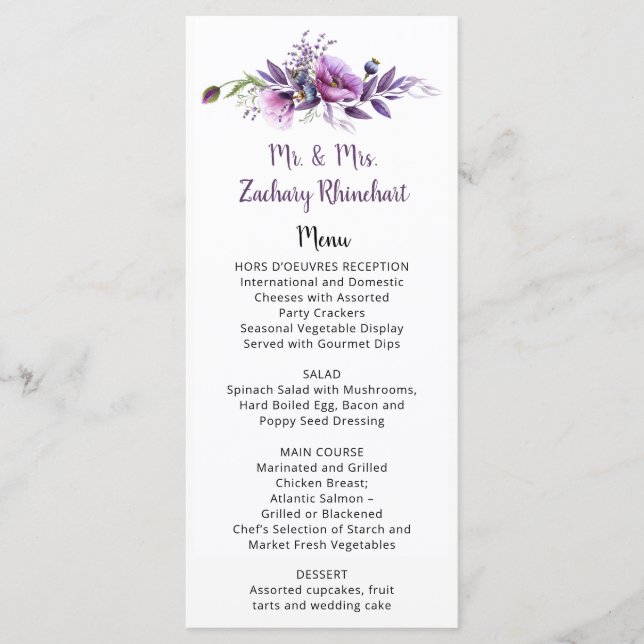Violet Purple Lavender Floral Guest Name | Menu (Front)