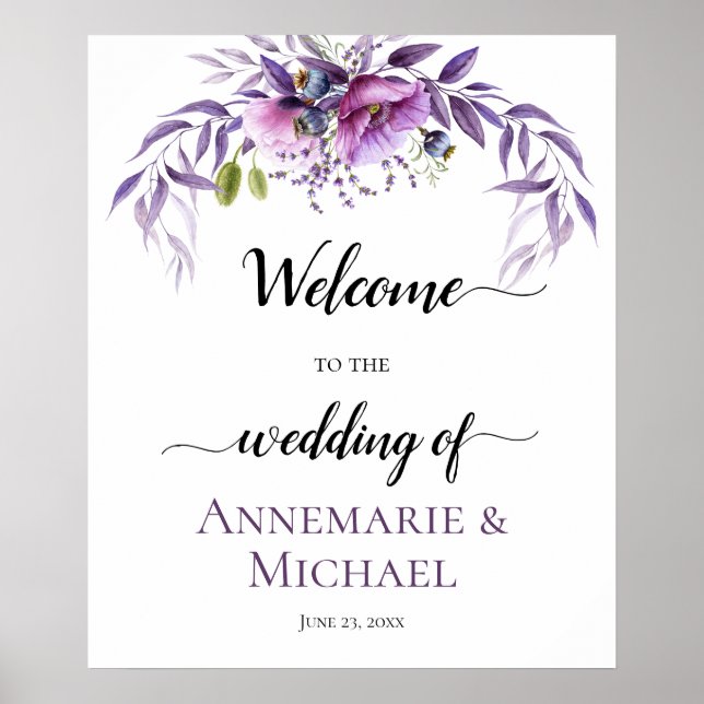 Violet Purple Lavender Floral Wedding Sign (Front)