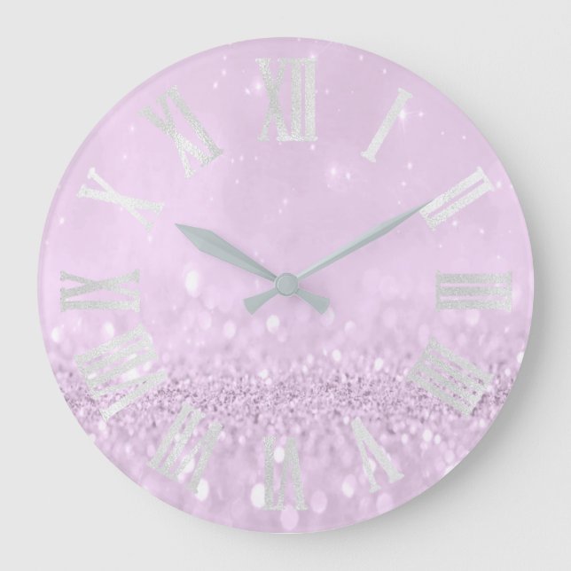 Violet Purple Lavender Glitter Grey Roman Numbers Large Clock (Front)