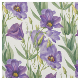 Violet Purple Lilac Bellflowers & Green Leaves Fabric