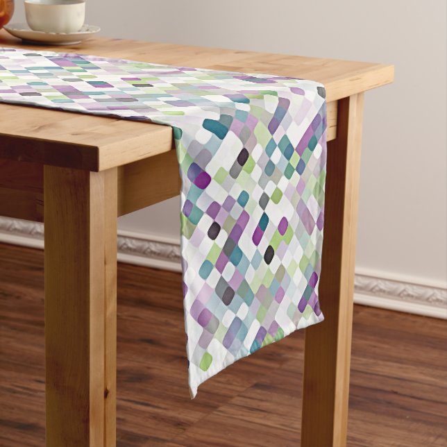 Violet Purple Lime Green Retro Round Squares Art Long Table Runner (In Situ)