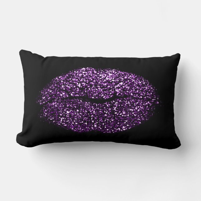 Violet Purple Lips Glitter Black Girly Makeup Kiss Lumbar Cushion (Front)
