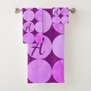 Violet, Purple Magenta & Pink Circles Monogram Bath Towel Set