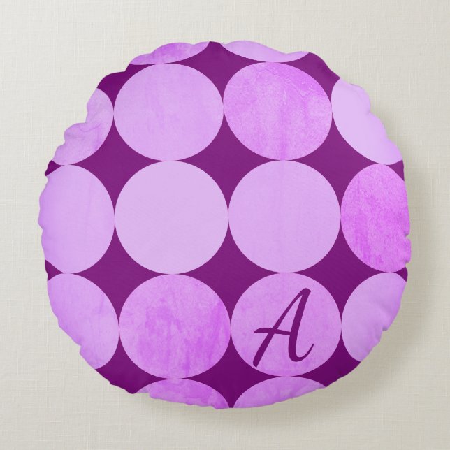 Violet, Purple Magenta & Pink Circles Monogram Round Cushion (Front)