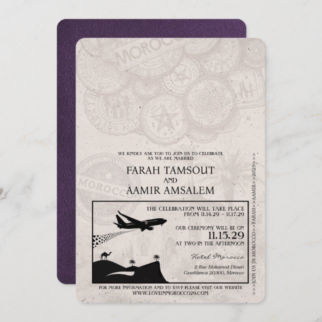 Violet Purple Morocco Passport Wedding Invitation (Front/Back)