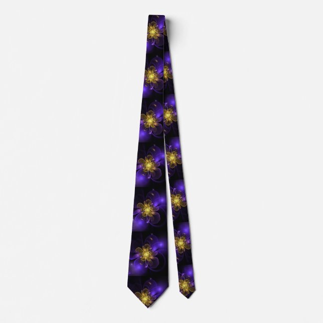 Violet Purple N Yellow Fractal Flower on Black Tie (Front)
