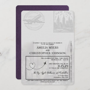 Violet Purple New York City Passport Wedding Invitation