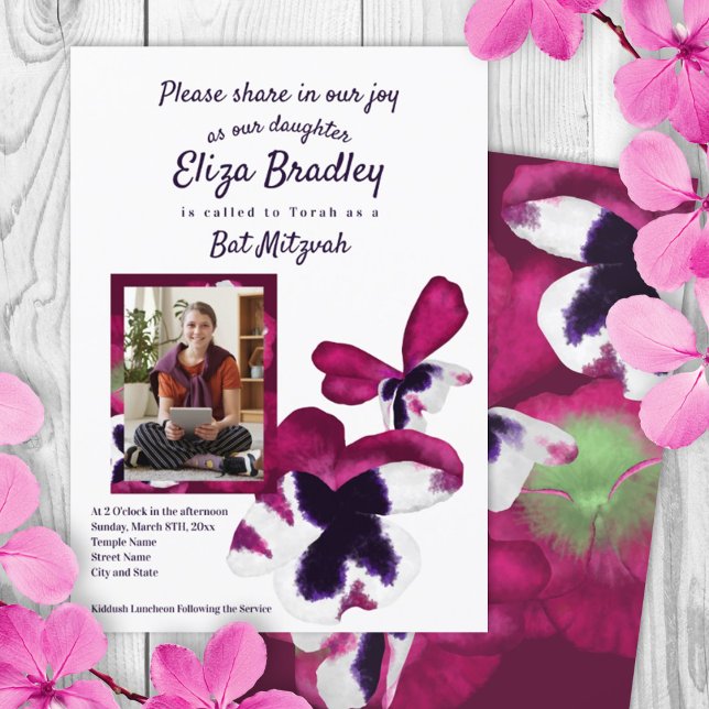 Violet & Purple Pansies Bat Mitzvah Invitation (12th birthday, photo bat mitzvah invitation, violet pink flowers, summer pansies, berry purple petal)