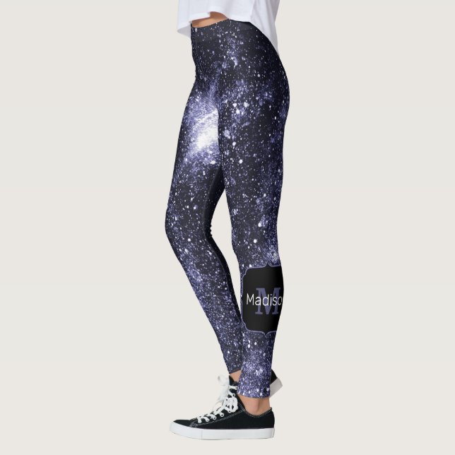 Violet purple peri black abstract galaxy Monogram Leggings (Left)