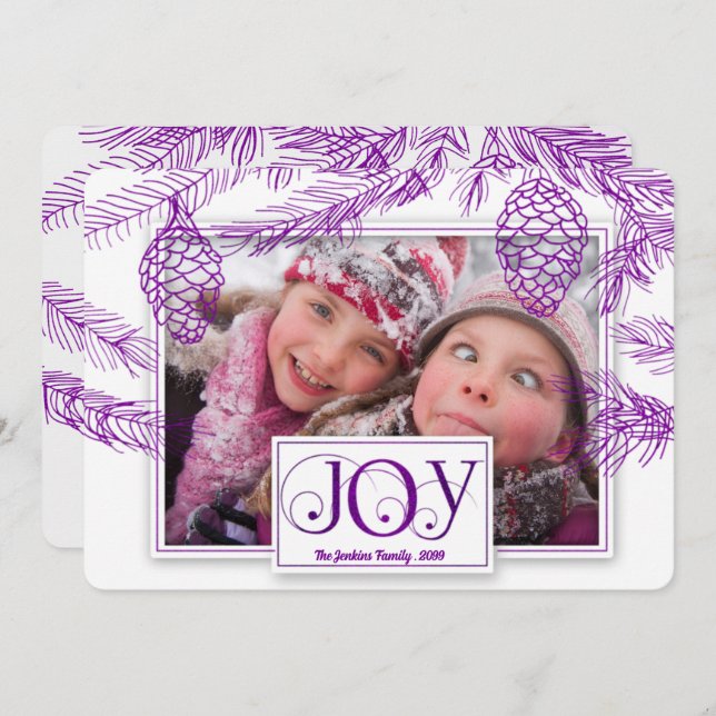 Violet Purple Pines Christmas Joy Photo Holiday Card (Front/Back)