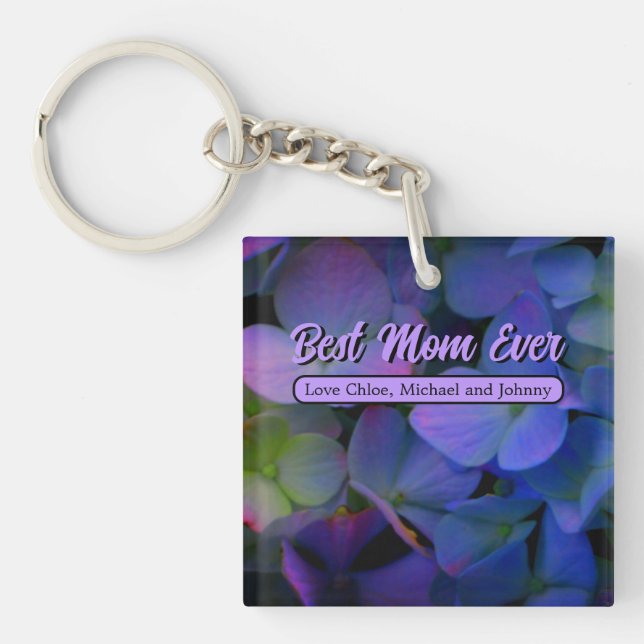 Violet purple pink blue hydrangeas flower, Mum Key Ring (Front)