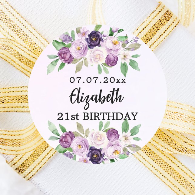 Violet purple pink florals birthday classic round sticker (Creator Uploaded)