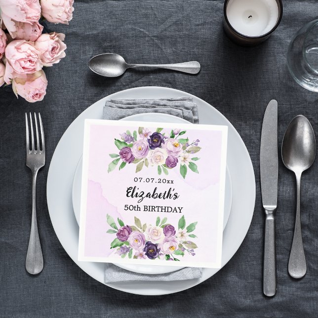 Violet purple pink florals birthday napkin (Creator Uploaded)