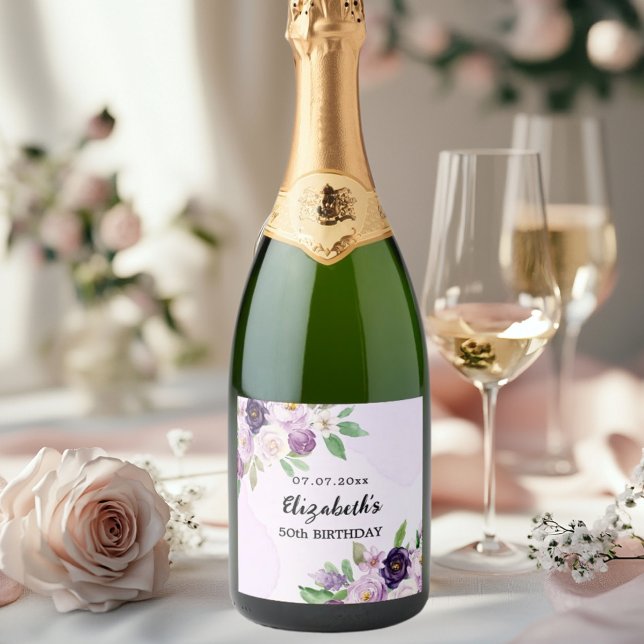 Violet purple pink florals birthday sparkling wine label (Creator Uploaded)