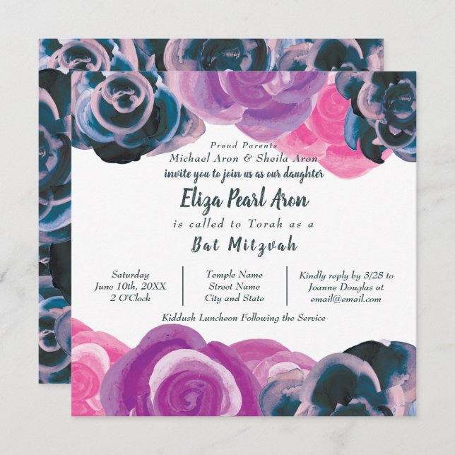 Violet Purple Pink Roses Bat Mitzvah Invitation (Front/Back)