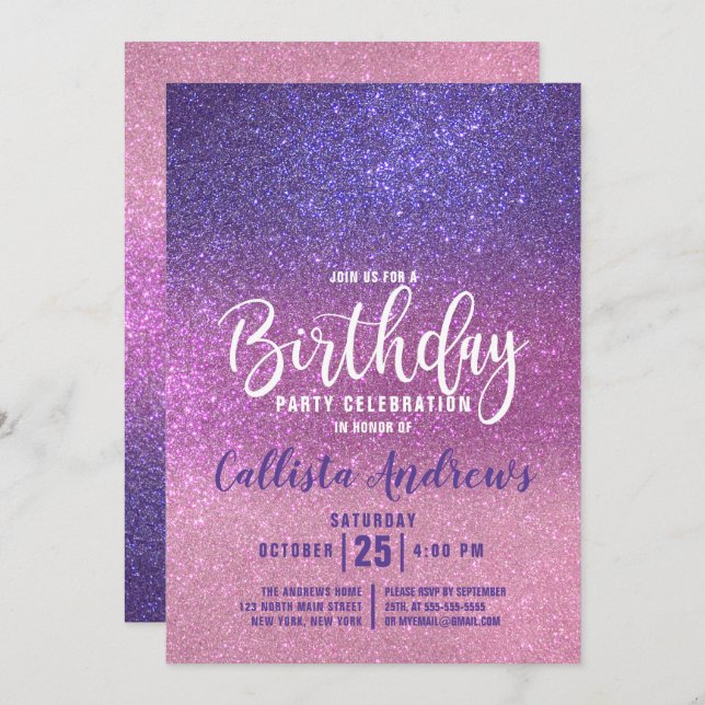 Violet Purple Pink Triple Glitter Ombre Birthday Invitation (Front/Back)