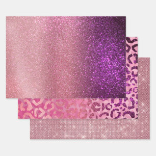 Violet Purple Pink Triple Glitter Ombre Gradient Wrapping Paper Sheet