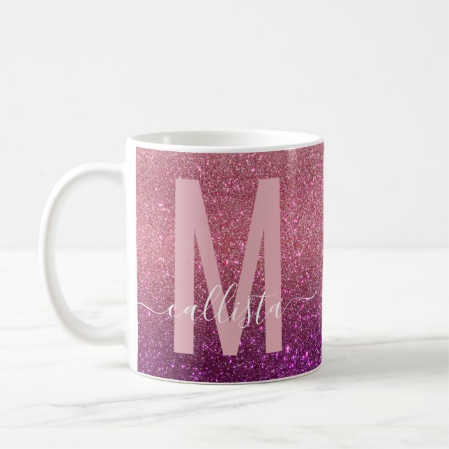 Violet Purple Pink Triple Glitter Ombre Monogram Coffee Mug (Left)