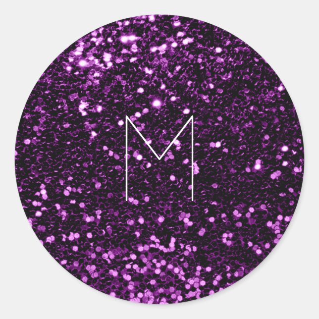 Violet Purple Plum Glitter Spark Minimal Monogram Classic Round Sticker (Front)