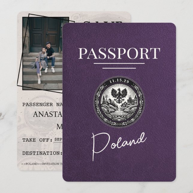 Violet Purple Poland Passport Save The Date (Front/Back)