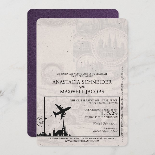 Violet Purple Poland Passport Wedding Invitation (Front/Back)
