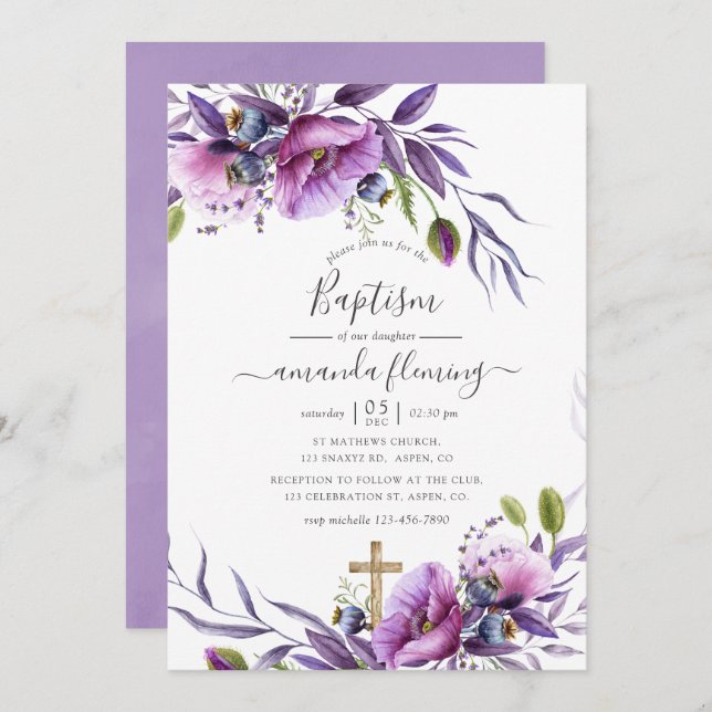 Violet Purple Poppy Floral Baptism Invitation (Front/Back)