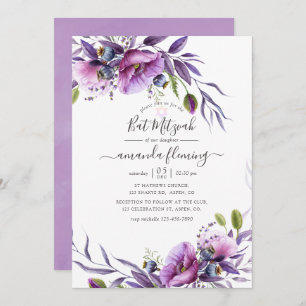 Violet Purple Poppy Floral Bat Mitzvah Invitation