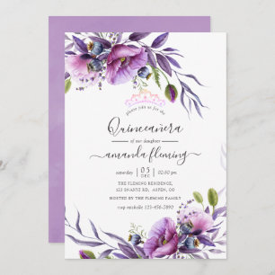 Violet Purple Poppy Floral Quinceañera Invitation