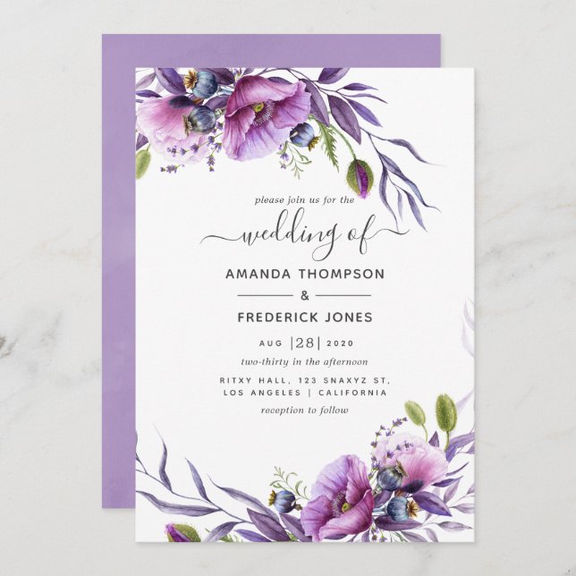 Violet Purple Poppy Floral Wedding Invitation (Front/Back)
