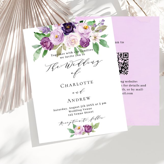 Violet purple QR RSVP budget wedding invitation (Creator Uploaded)